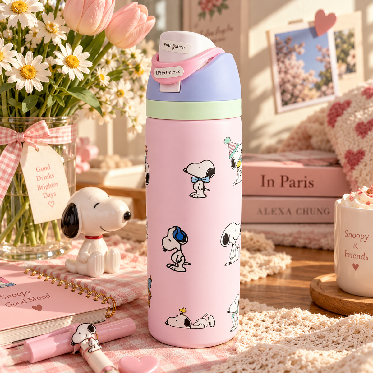 Pink Snoopy Pastel Water Bottle